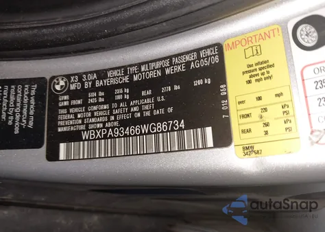 2006 BMW X3 3.0I from USA, damaged, VIN WBXPA93466WG86734
